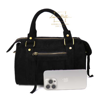 Small Suede Top Handle Crossbody Bag – Soft Genuine Leather Handbag with Detachable Strap
