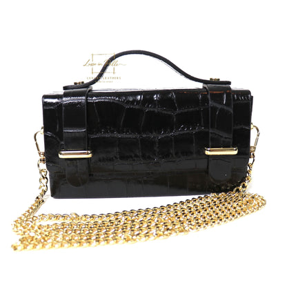 Croc-Embossed Leather Top Handle Bag with Gold Chain Strap