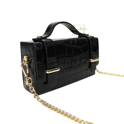 Croc-Embossed Leather Top Handle Bag with Gold Chain Strap