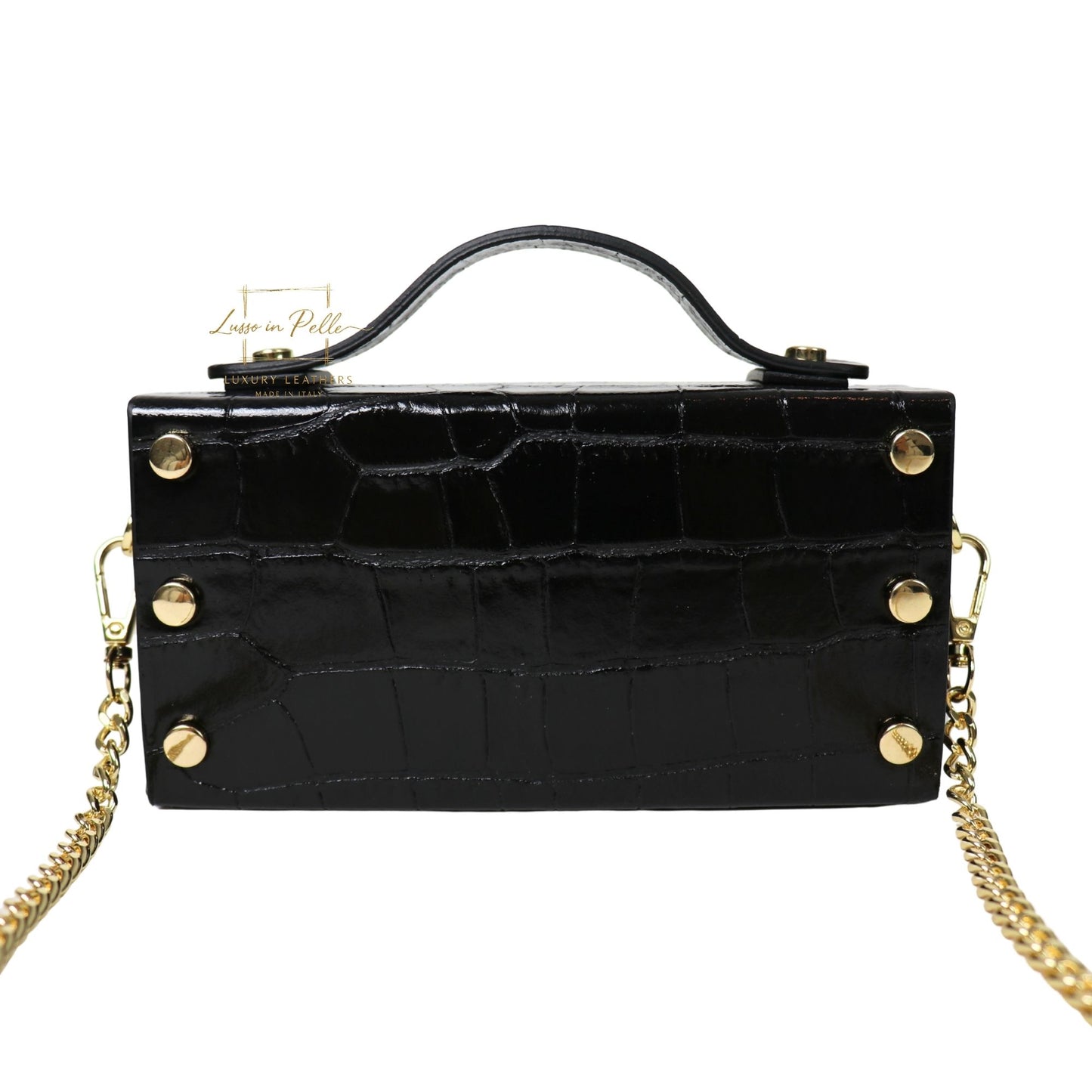 Croc-Embossed Leather Top Handle Bag with Gold Chain Strap