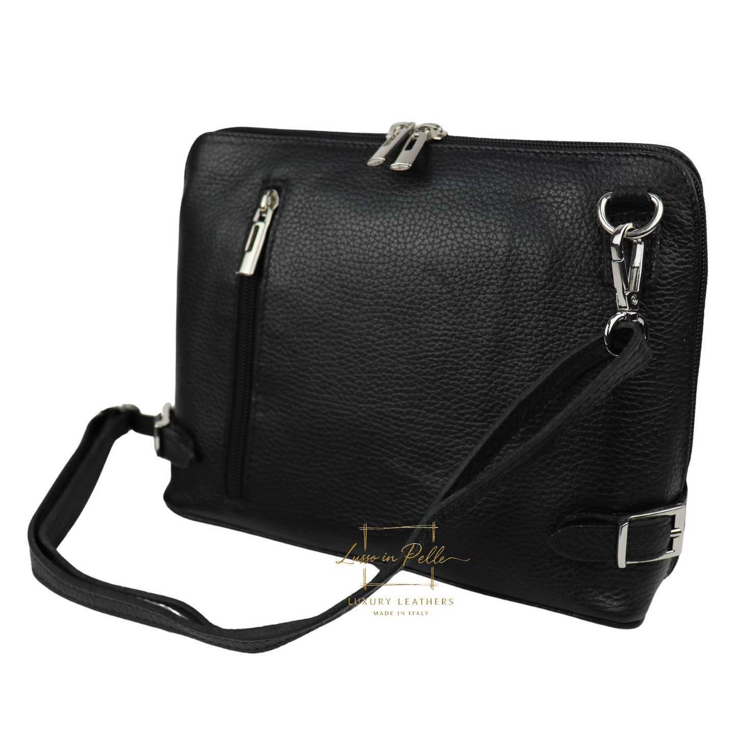 Rectangular Structured Italian Grain Leather Crossbody Bag with Adjustable Straps