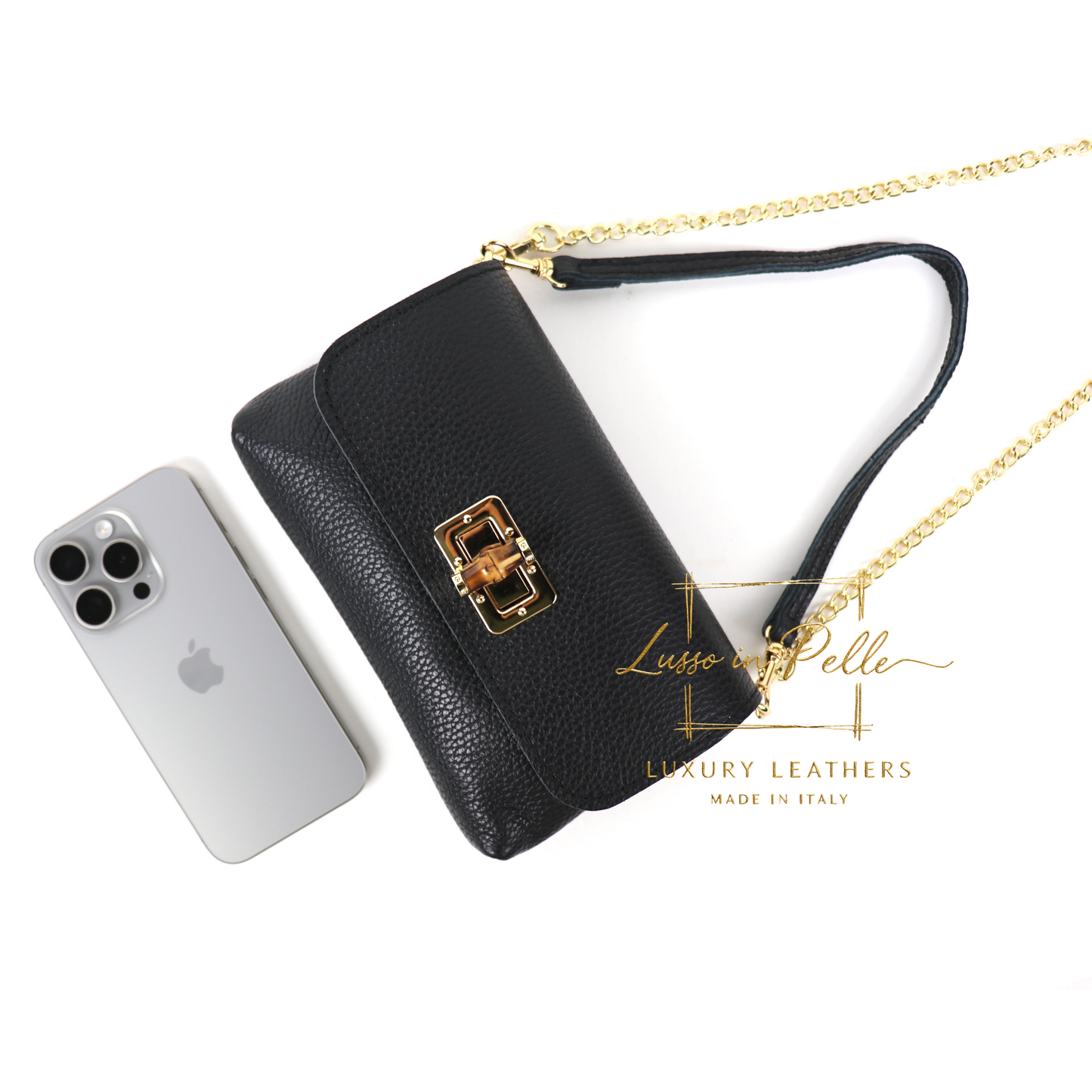 Small Pebbled Leather Clutch/Shoulder/Crossbody Bag with Bamboo-Style Clasp