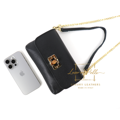 Small Pebbled Leather Clutch/Shoulder/Crossbody Bag with Bamboo-Style Clasp