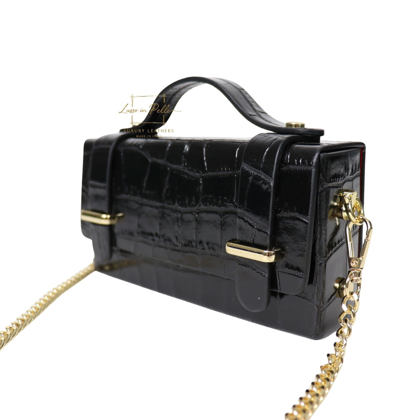 Croc-Embossed Leather Top Handle Bag with Gold Chain Strap