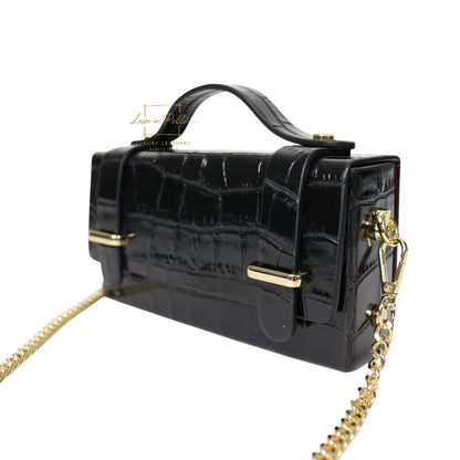Croc-Embossed Leather Top Handle Bag with Gold Chain Strap