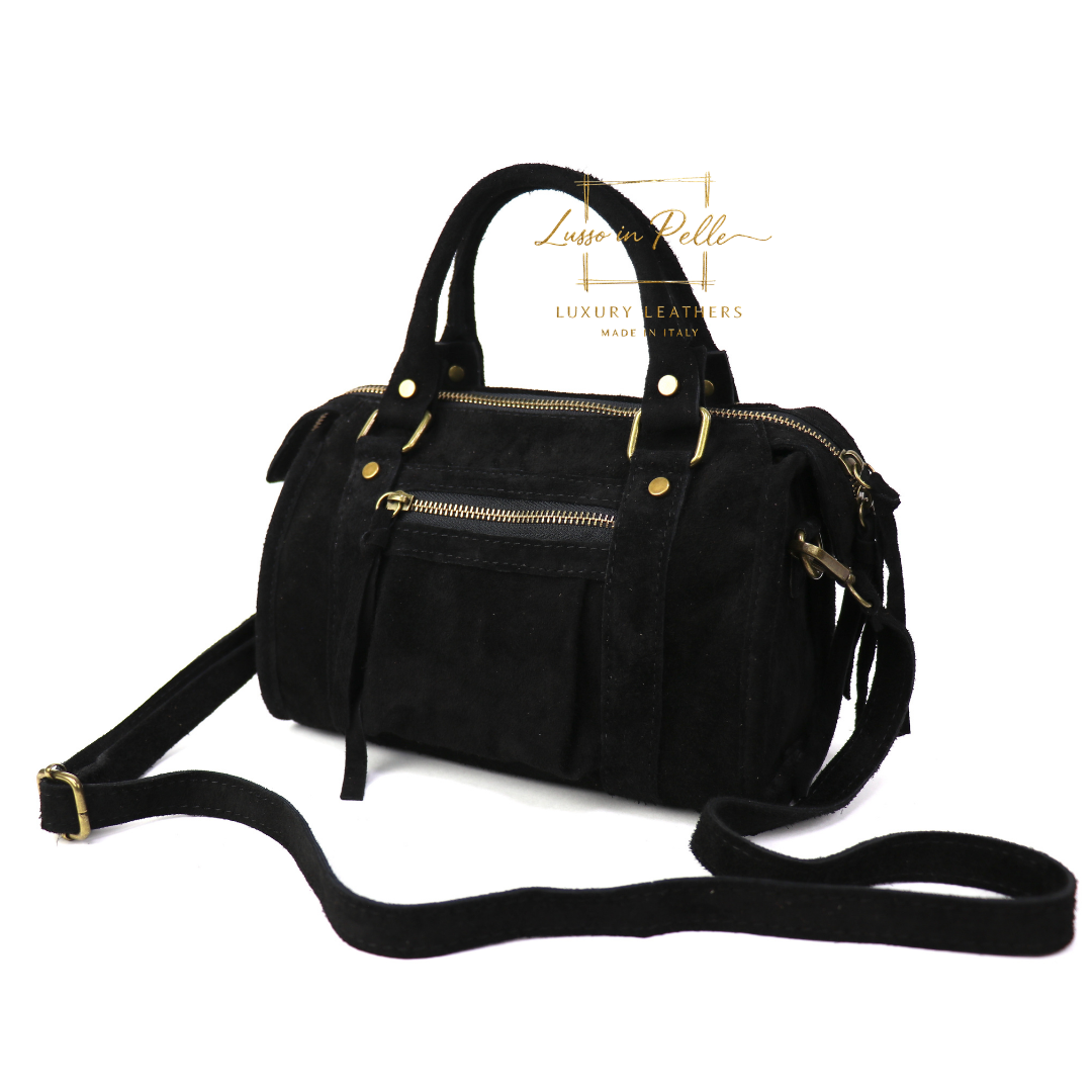 Small Suede Top Handle Crossbody Bag – Soft Genuine Leather Handbag with Detachable Strap