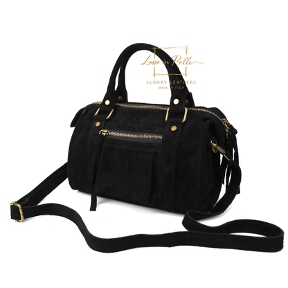 Small Suede Top Handle Crossbody Bag – Soft Genuine Leather Handbag with Detachable Strap