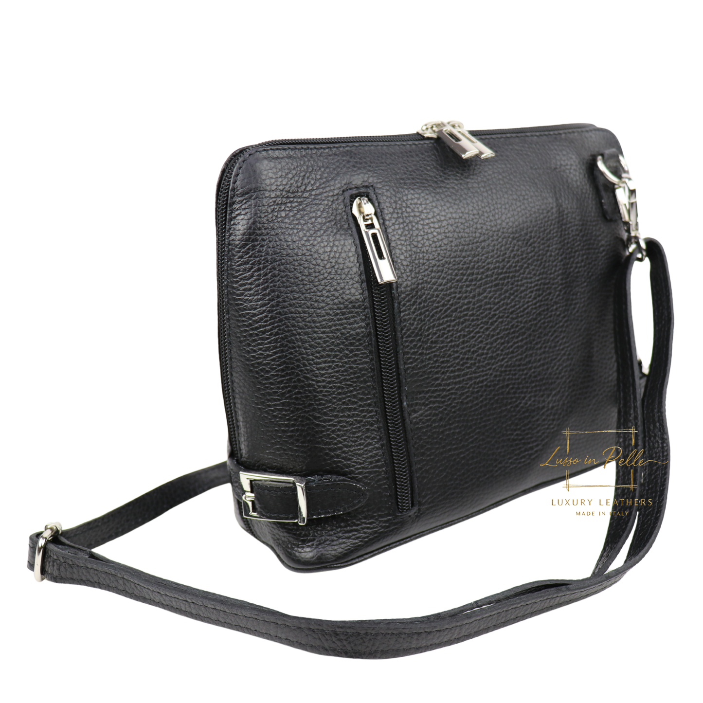 Rectangular Structured Italian Grain Leather Crossbody Bag with Adjustable Straps