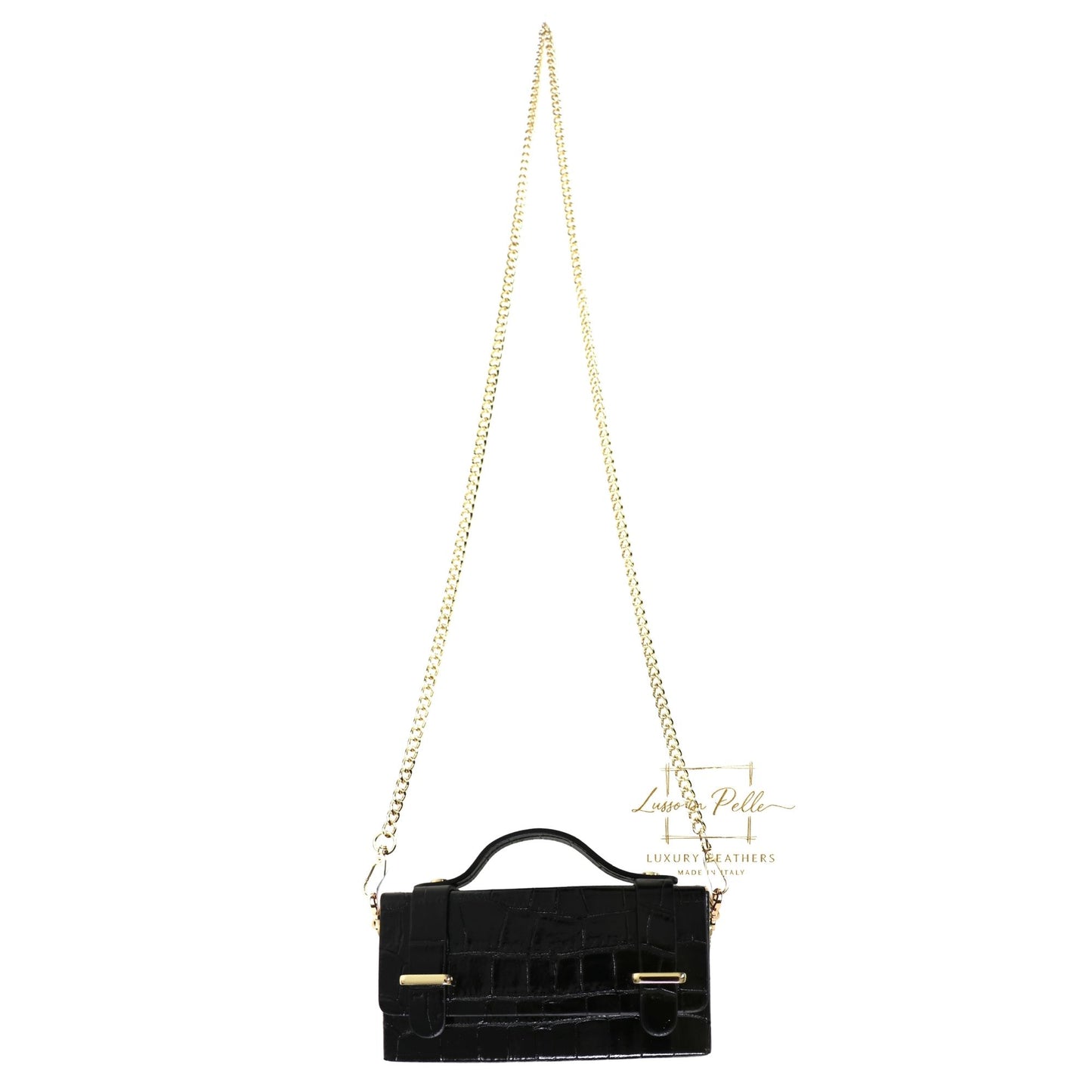 Croc-Embossed Leather Top Handle Bag with Gold Chain Strap