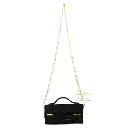 Croc-Embossed Leather Top Handle Bag with Gold Chain Strap