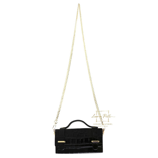 Croc-Embossed Leather Top Handle Bag with Gold Chain Strap