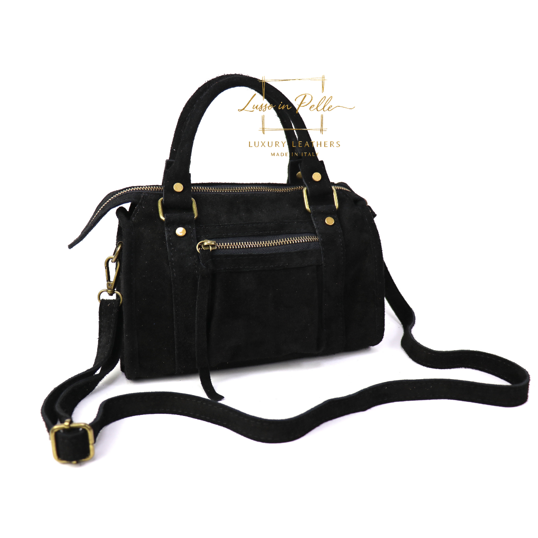Small Suede Top Handle Crossbody Bag – Soft Genuine Leather Handbag with Detachable Strap