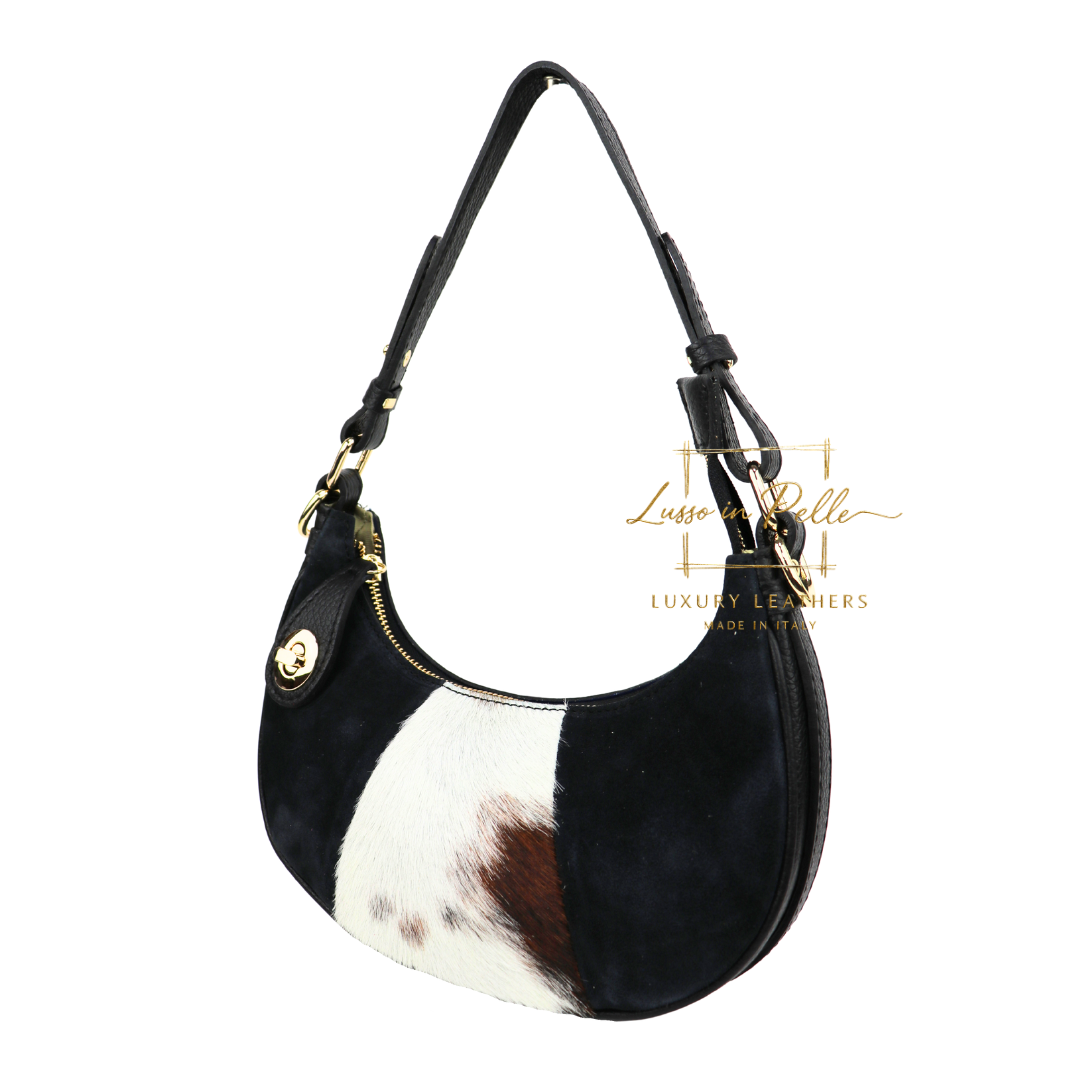 Small Half Moon Genuine Grain Leather Bag with Suede Front & Pony Hair Detail