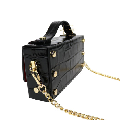 Croc-Embossed Leather Top Handle Bag with Gold Chain Strap