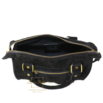 Small Suede Top Handle Crossbody Bag – Soft Genuine Leather Handbag with Detachable Strap
