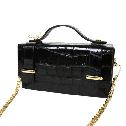 Croc-Embossed Leather Top Handle Bag with Gold Chain Strap