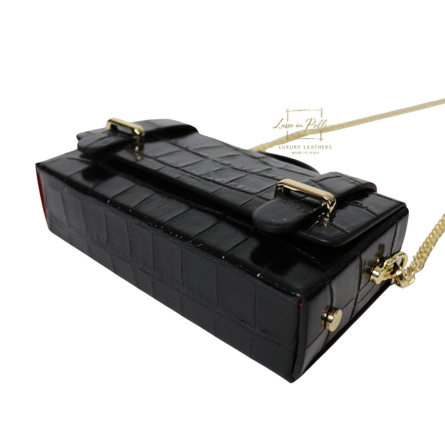 Croc-Embossed Leather Top Handle Bag with Gold Chain Strap