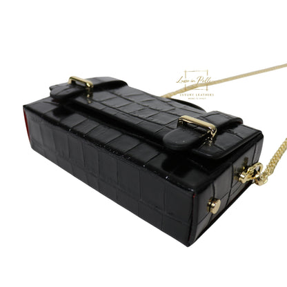 Croc-Embossed Leather Top Handle Bag with Gold Chain Strap