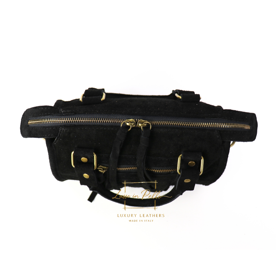 Small Suede Top Handle Crossbody Bag – Soft Genuine Leather Handbag with Detachable Strap