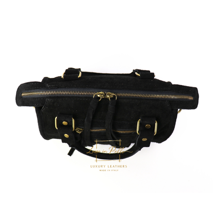 Small Suede Top Handle Crossbody Bag – Soft Genuine Leather Handbag with Detachable Strap