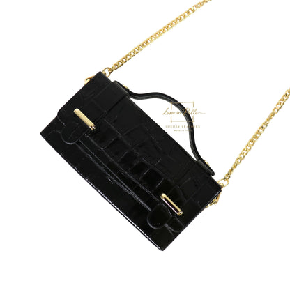 Croc-Embossed Leather Top Handle Bag with Gold Chain Strap