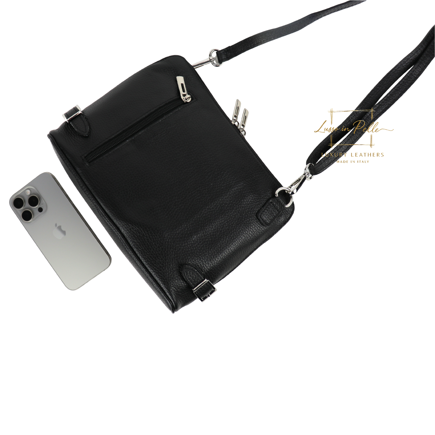 Rectangular Structured Italian Grain Leather Crossbody Bag with Adjustable Straps
