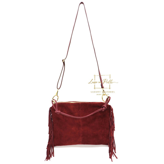 Medium Italian Suede Fringe Bag with Shoulder and Crossbody Straps: Handmade Genuine Cowhide Suede Flat Purse