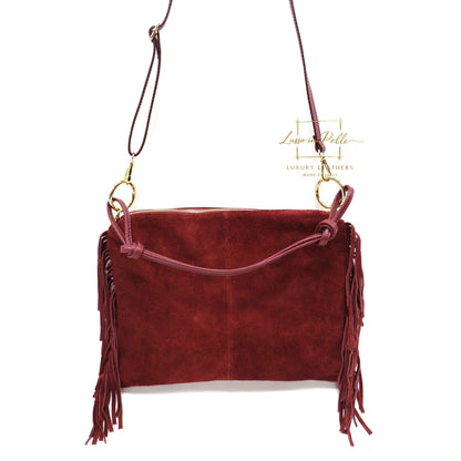 Medium Italian Suede Fringe Bag with Shoulder and Crossbody Straps: Handmade Genuine Cowhide Suede Flat Purse