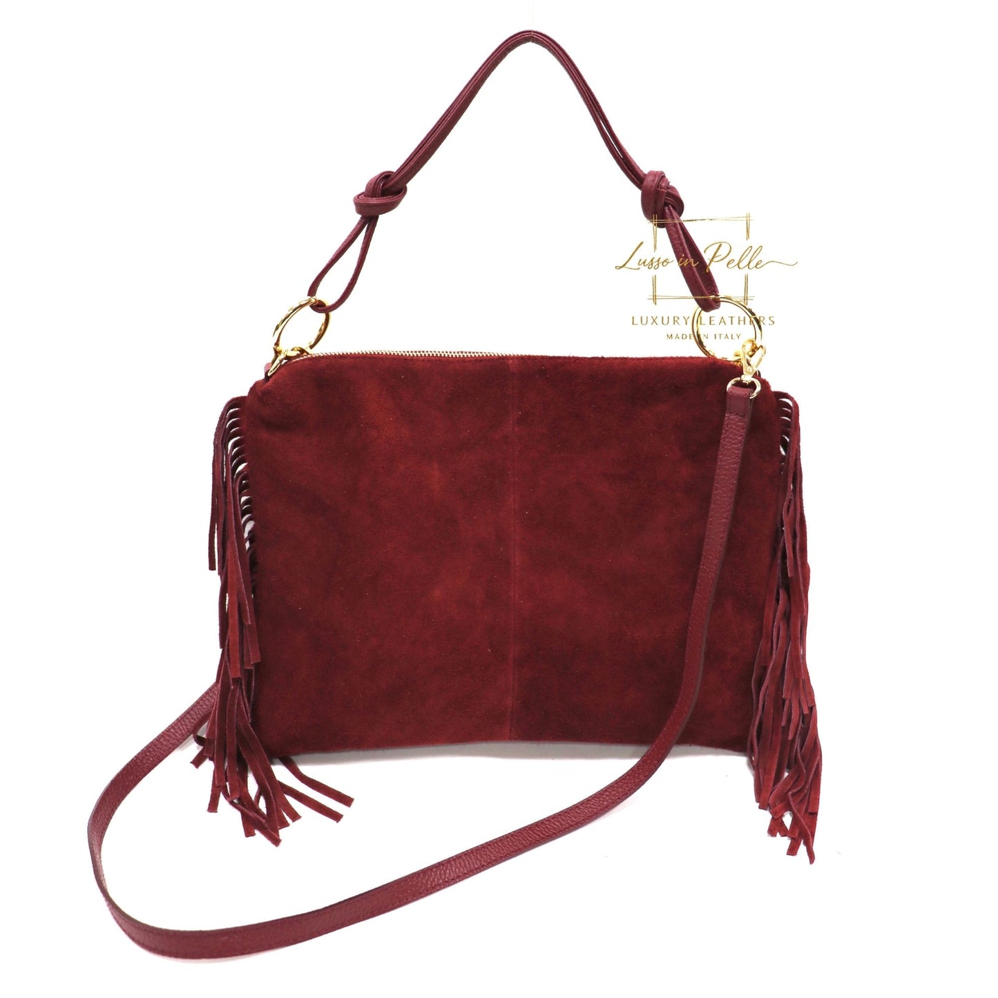 Medium Italian Suede Fringe Bag with Shoulder and Crossbody Straps: Handmade Genuine Cowhide Suede Flat Purse