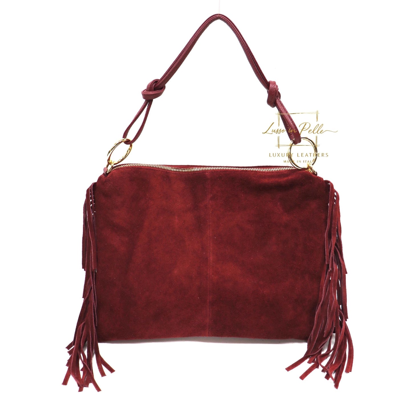 Medium Italian Suede Fringe Bag with Shoulder and Crossbody Straps: Handmade Genuine Cowhide Suede Flat Purse
