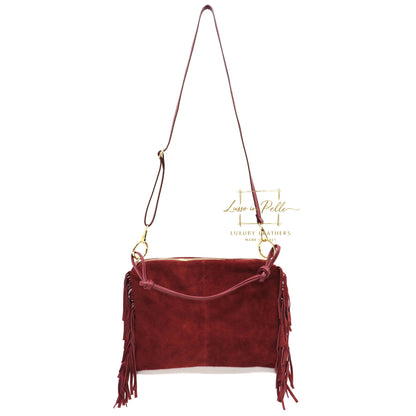 Medium Italian Suede Fringe Bag with Shoulder and Crossbody Straps: Handmade Genuine Cowhide Suede Flat Purse