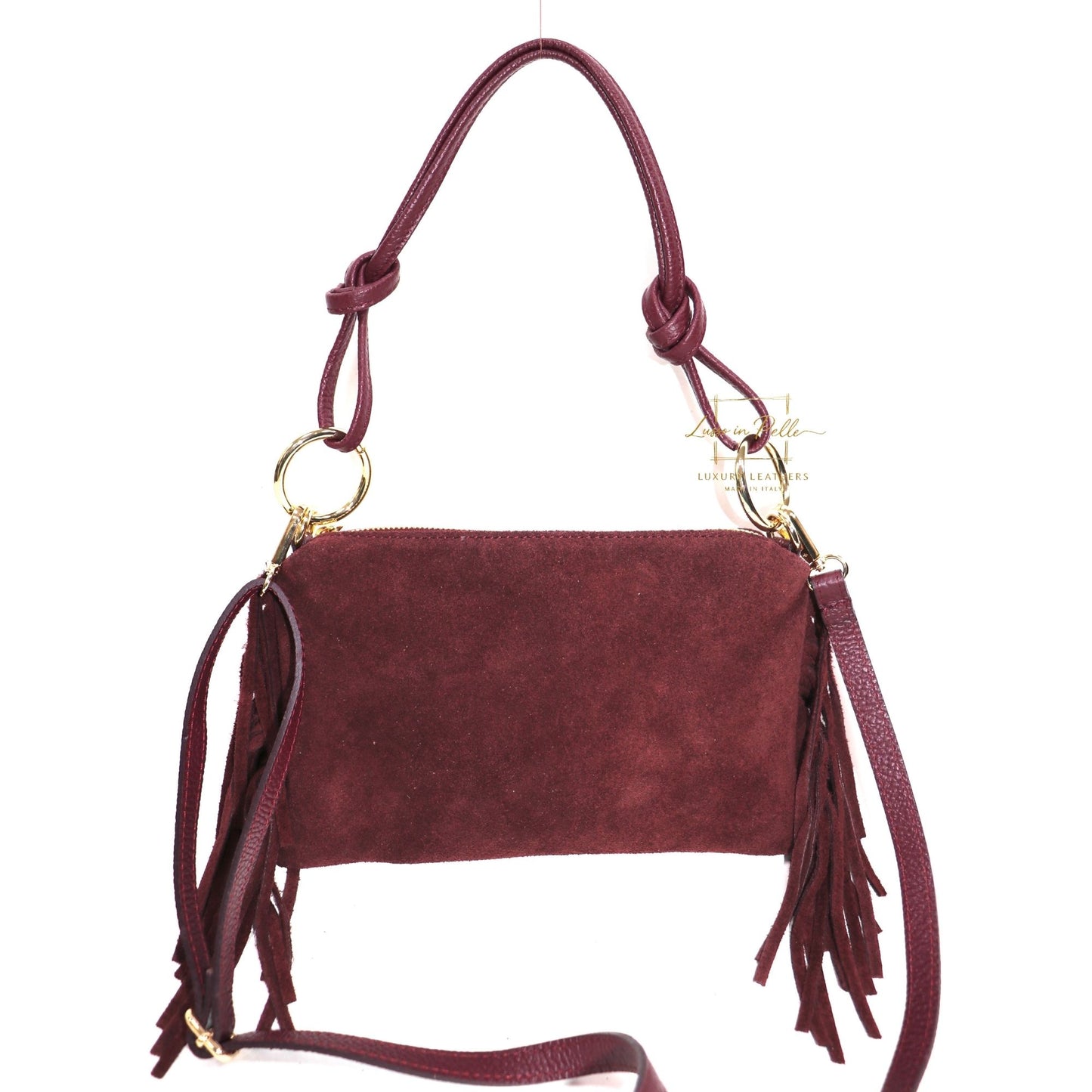 Small Italian Suede Fringe Bag with Shoulder and Crossbody Straps: Handmade Genuine Cowhide Suede Flat Purse