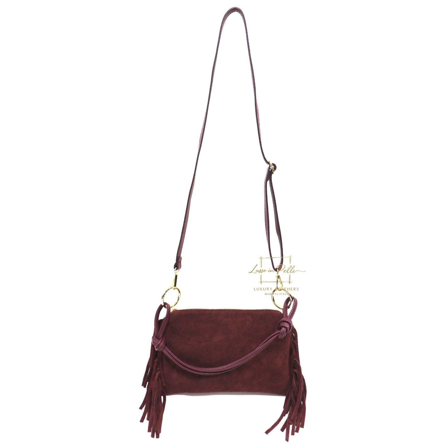 Small Italian Suede Fringe Bag with Shoulder and Crossbody Straps: Handmade Genuine Cowhide Suede Flat Purse