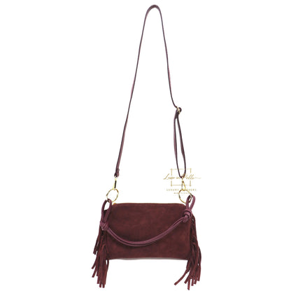 Small Italian Suede Fringe Bag with Shoulder and Crossbody Straps: Handmade Genuine Cowhide Suede Flat Purse