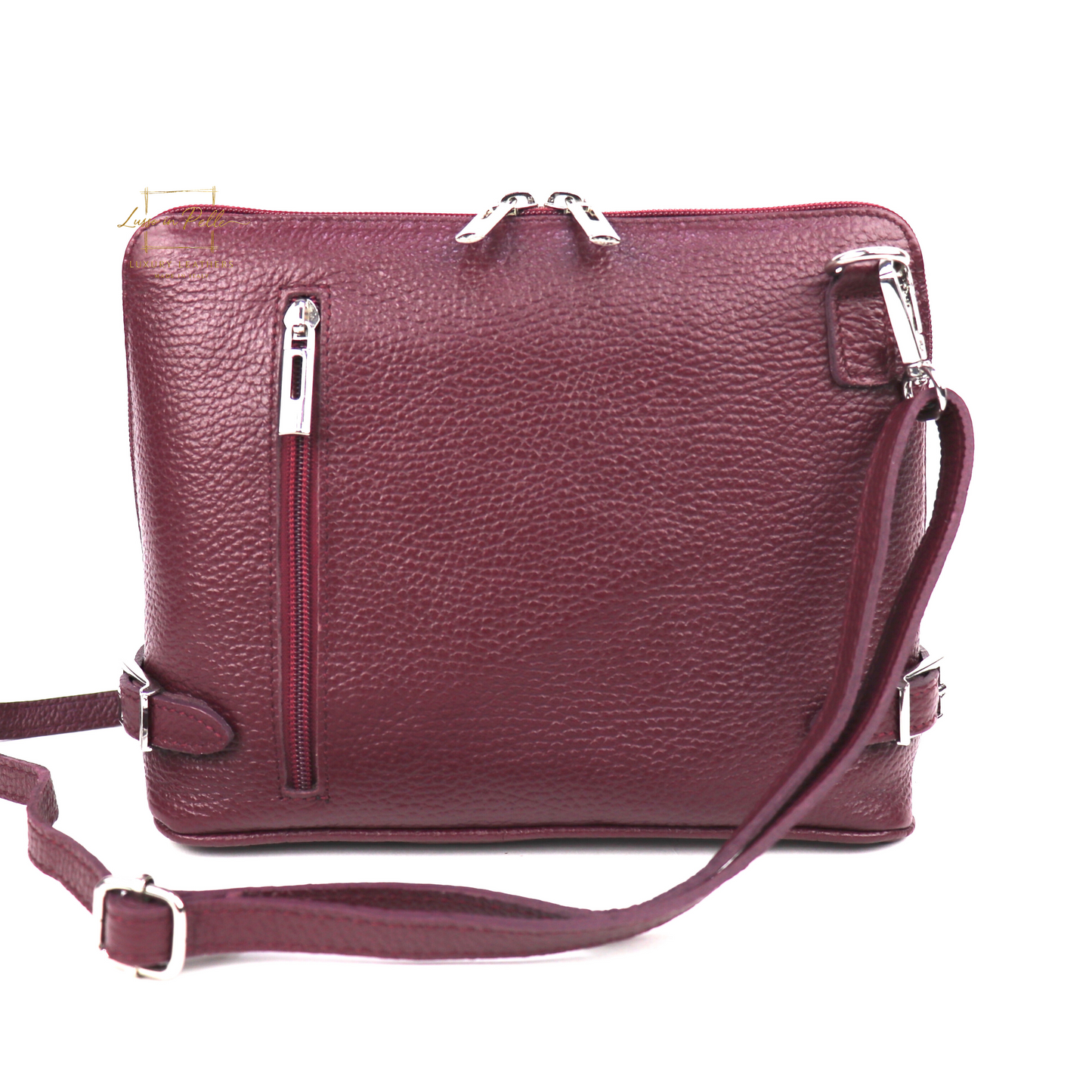 Rectangular Italian Leather Crossbody Bag with Adjustable Straps Burgundy