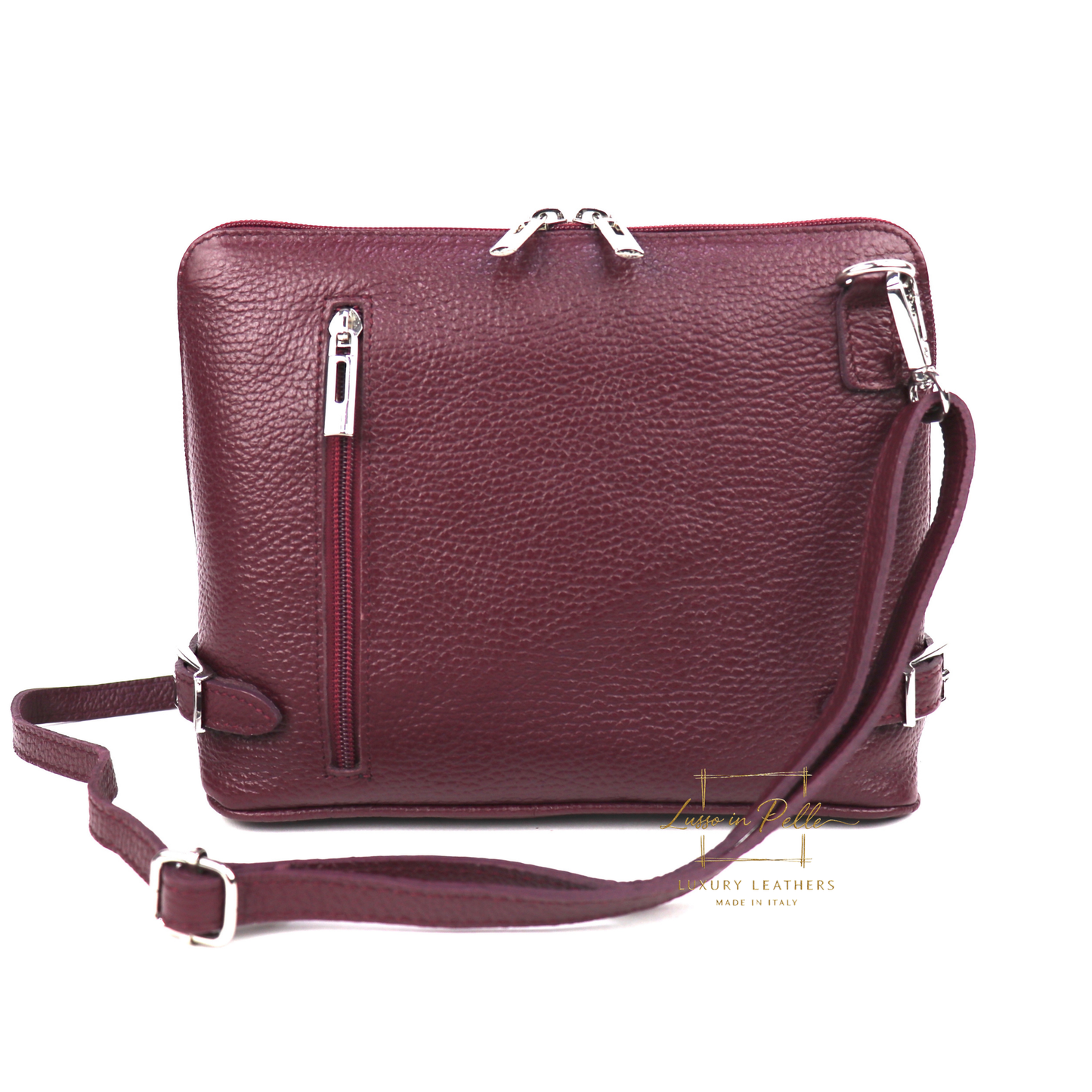 Rectangular Structured Italian Grain Leather Crossbody Bag with Adjustable Straps