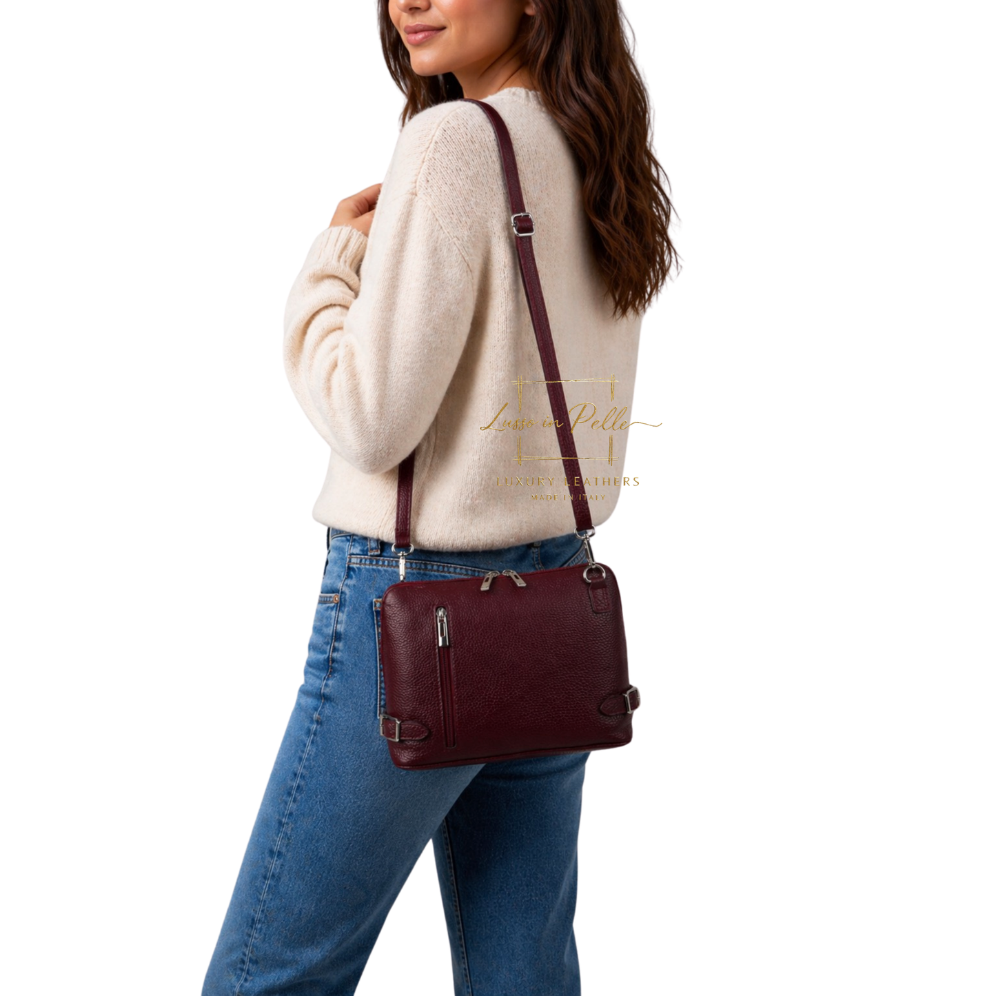 Rectangular Structured Italian Grain Leather Crossbody Bag with Adjustable Straps
