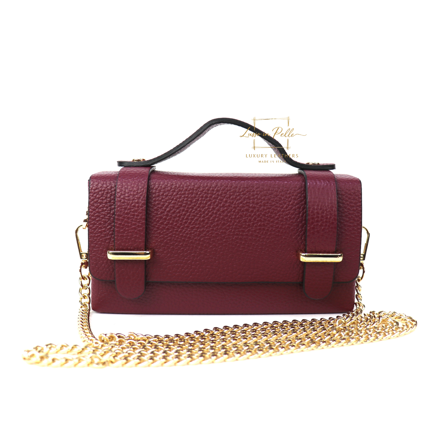 Small Genuine Leather Satchel Bag with Top Handle and Chain Straps