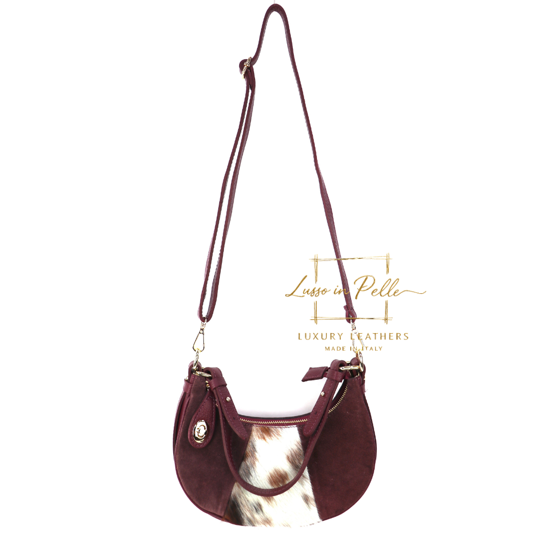 Small Half Moon Genuine Grain Leather Bag with Suede Front & Pony Hair Detail