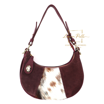 Small Half Moon Genuine Grain Leather Bag with Suede Front & Pony Hair Detail