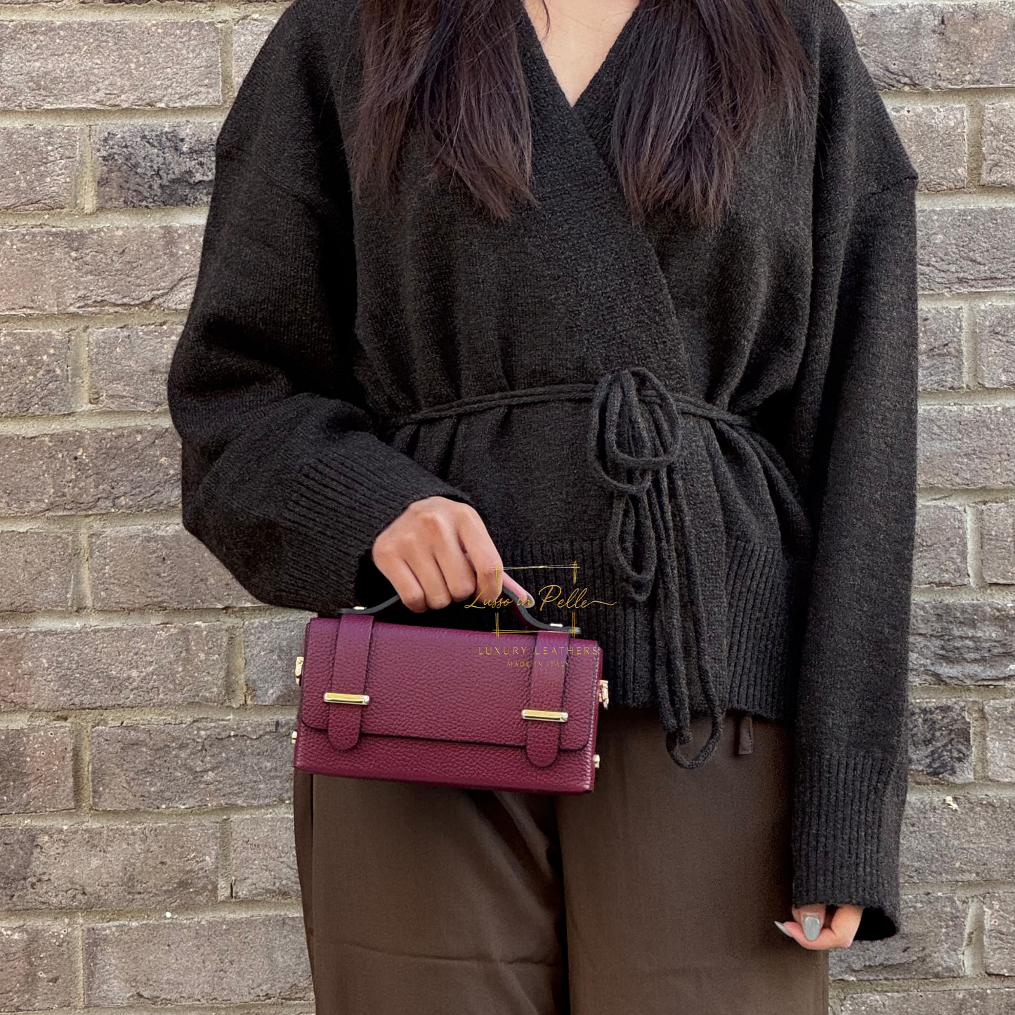 Small Genuine Leather Satchel Bag with Top Handle and Chain Straps