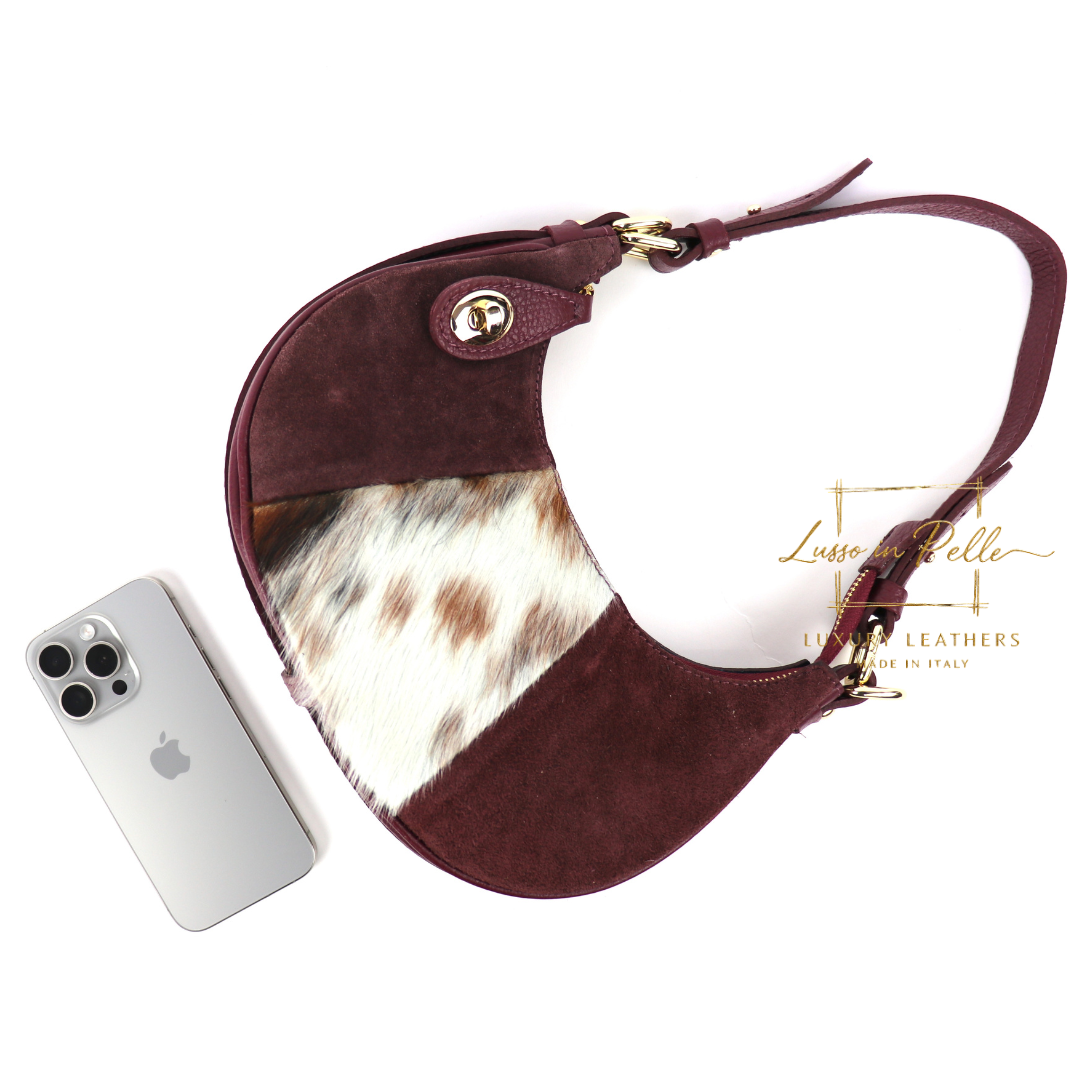 Small Half Moon Genuine Grain Leather Bag with Suede Front & Pony Hair Detail