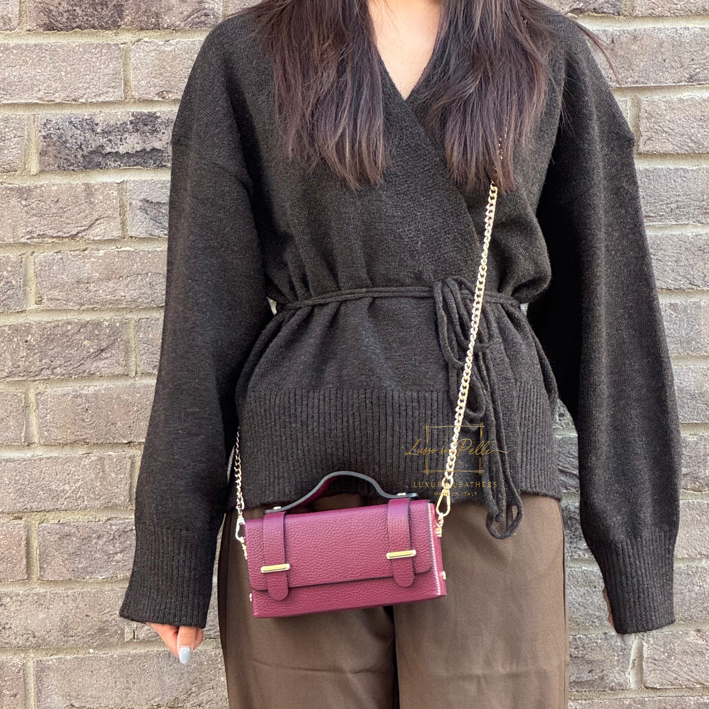 Small Genuine Leather Satchel Bag with Top Handle and Chain Straps