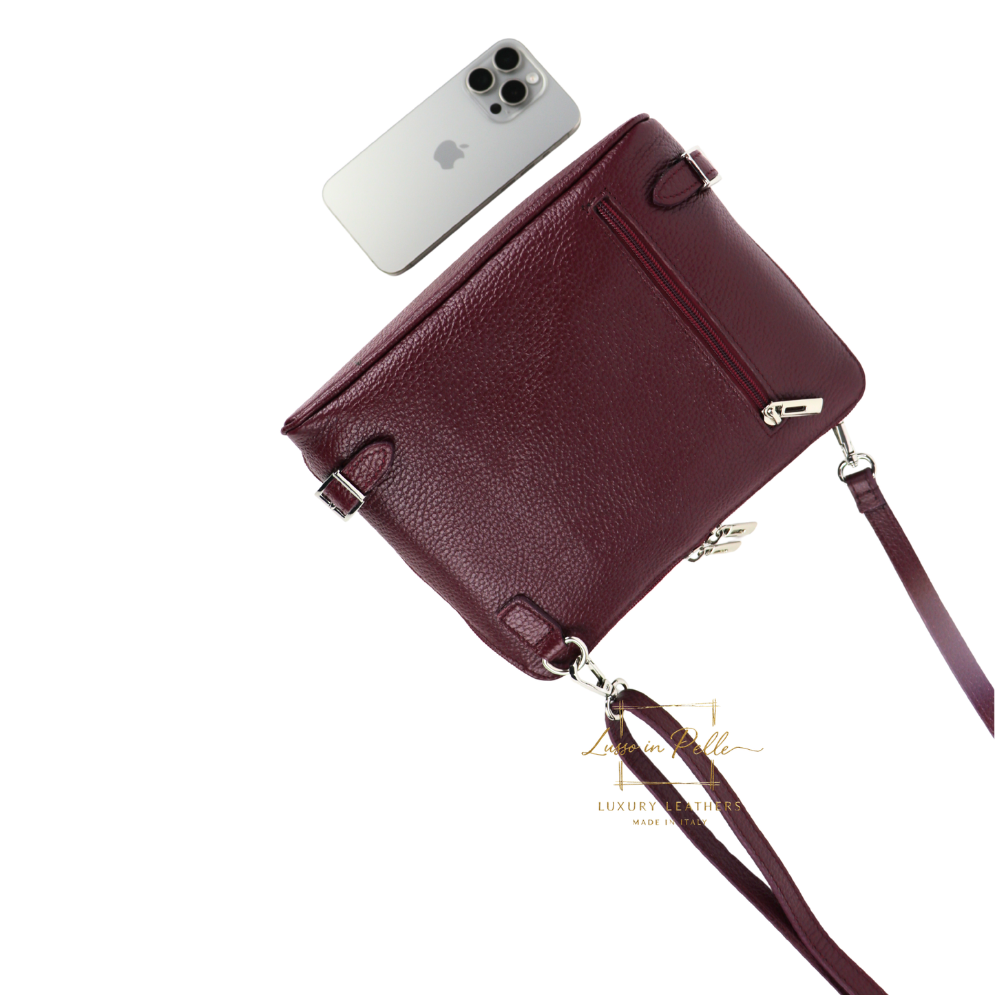 Rectangular Structured Italian Grain Leather Crossbody Bag with Adjustable Straps
