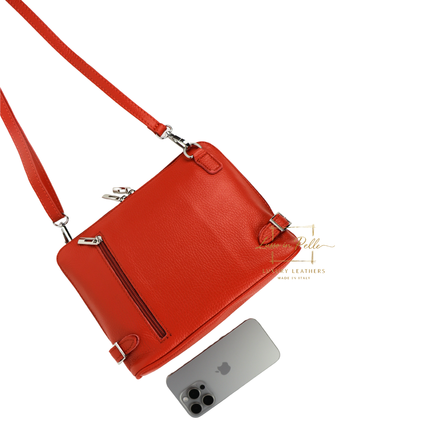 Rectangular Structured Italian Grain Leather Crossbody Bag with Adjustable Straps