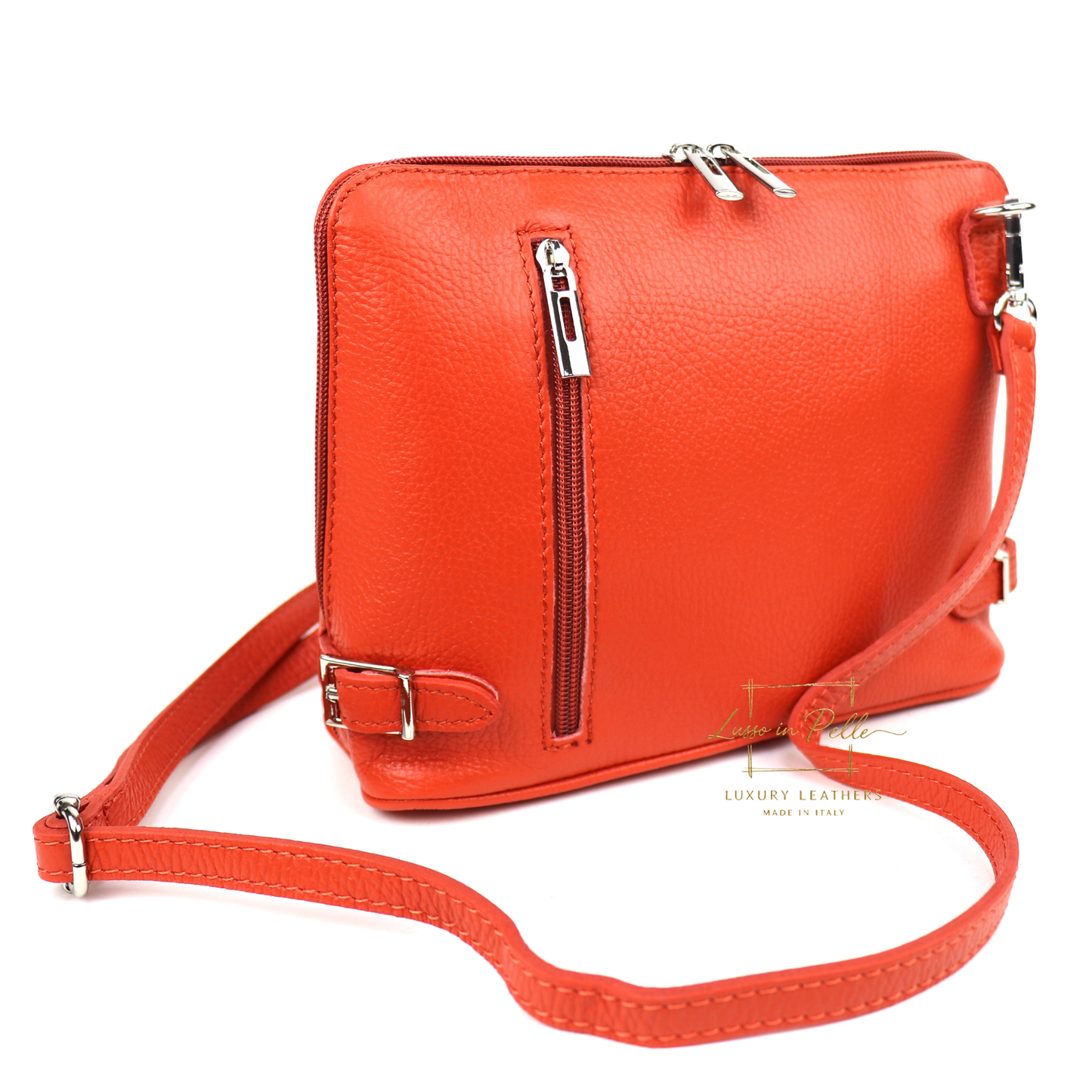 Rectangular Structured Italian Grain Leather Crossbody Bag with Adjustable Straps