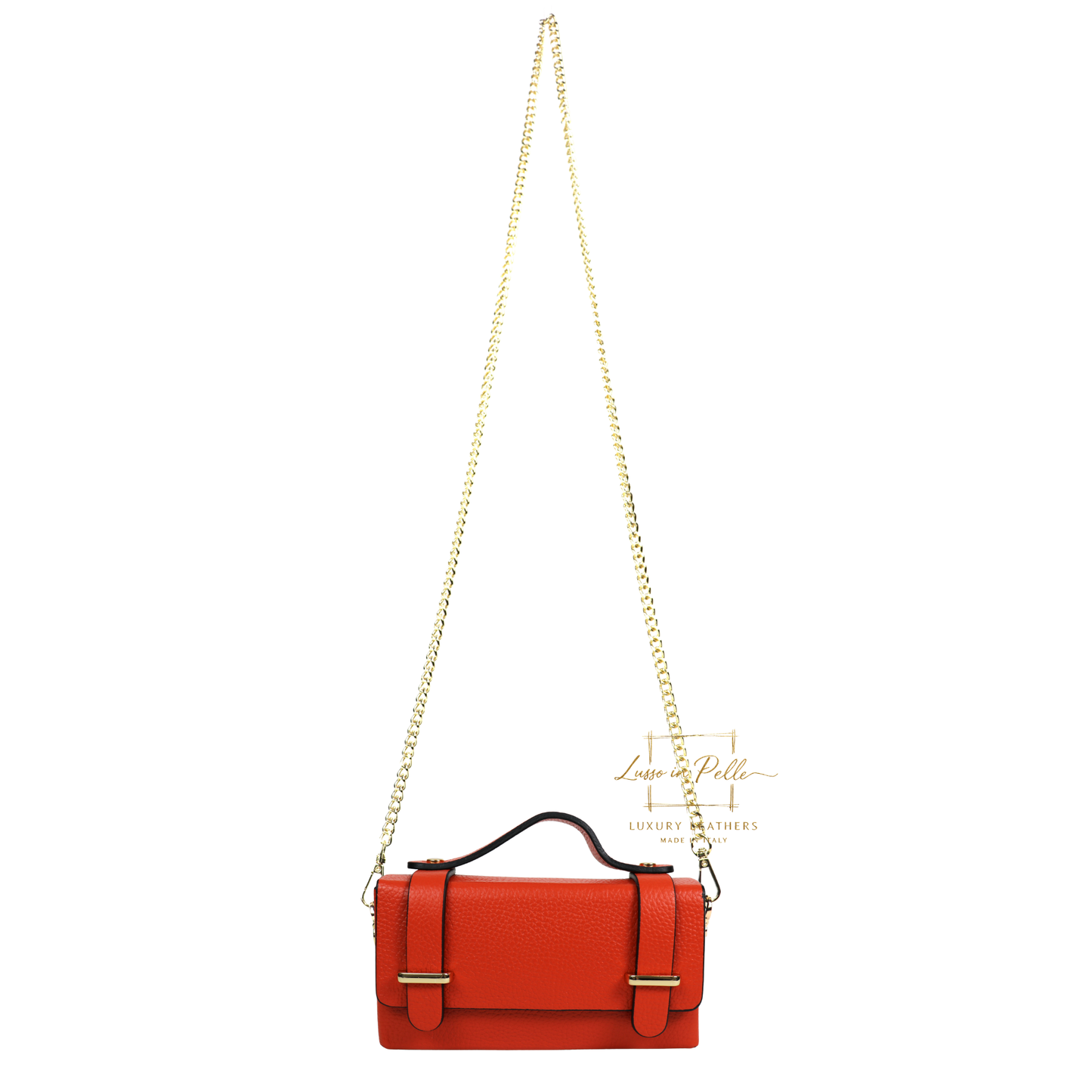 Small Genuine Leather Satchel Bag with Top Handle and Chain Straps