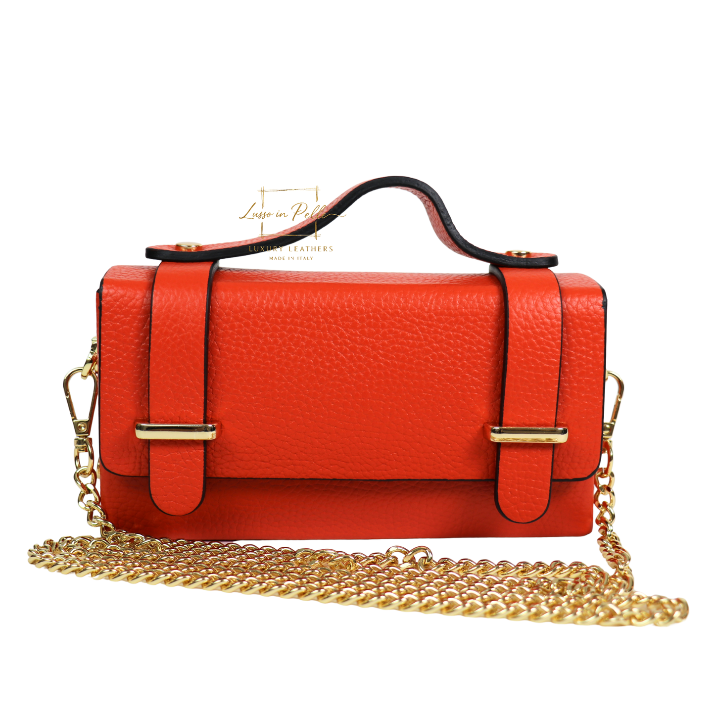 Small Genuine Leather Satchel Bag with Top Handle and Chain Straps