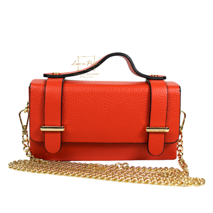 Small Genuine Leather Satchel Bag with Top Handle and Chain Straps