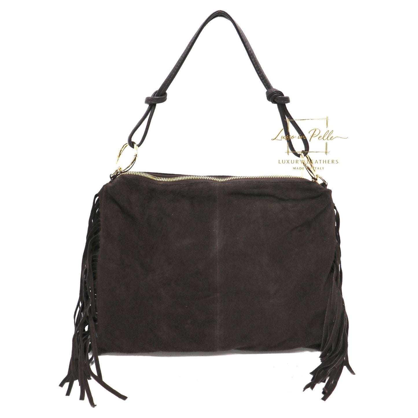 Medium Italian Suede Fringe Bag with Shoulder and Crossbody Straps: Handmade Genuine Cowhide Suede Flat Purse